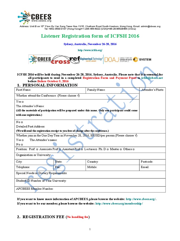 Listener Registration Form of ICFSH 2016: 1. Personal Information | PDF