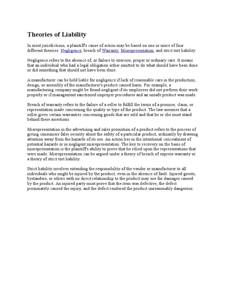 Theories of Liability Negligence Warranty Misrepresentation PDF