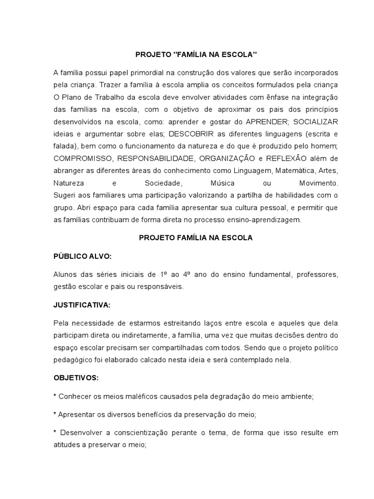 Projeto Família na Escola: Integração e Aprendizado | PDF | Família ...