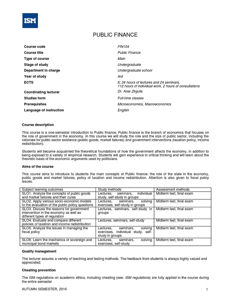 FIN104 Public Finance Course Syllabus Download Free PDF Public