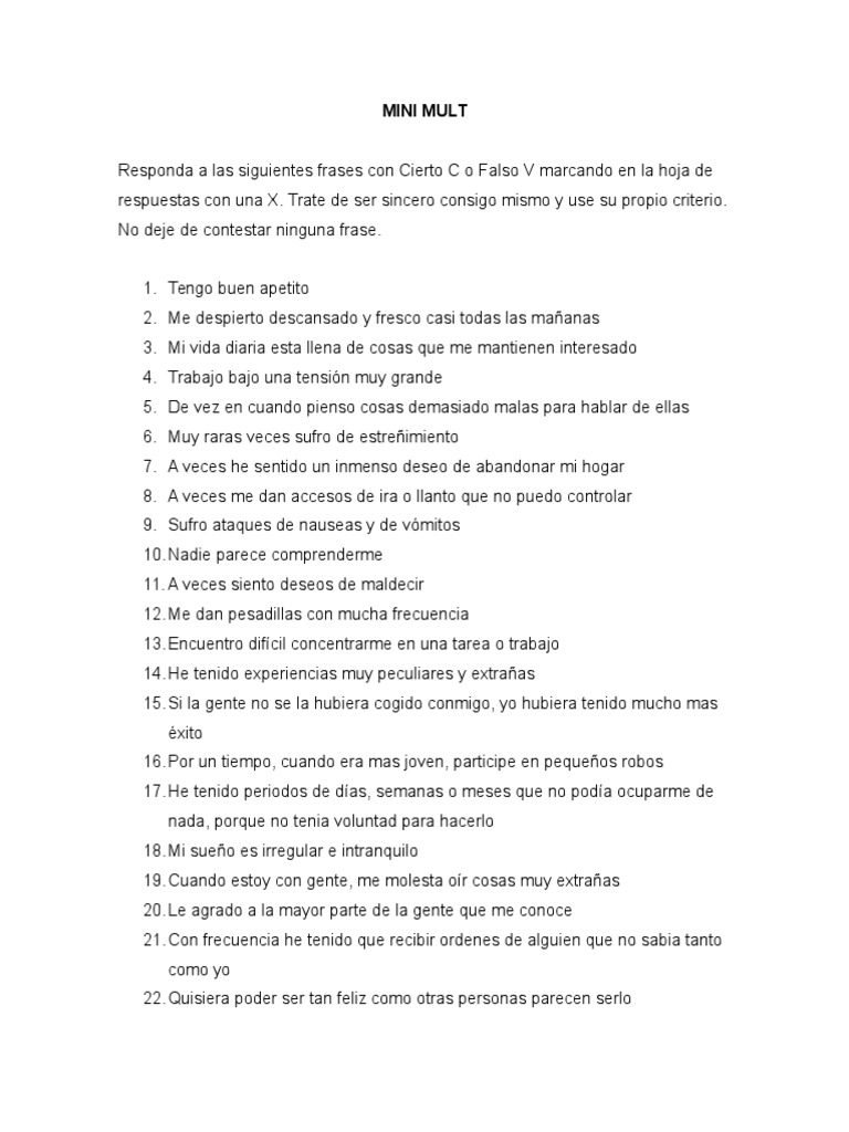 Test Mini Mult: Respuestas y Evaluación | PDF | Salud y bienestar ...