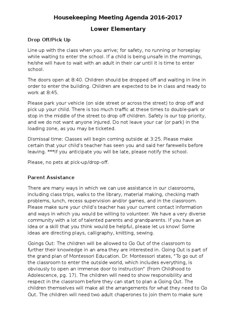 housekeeping meeting agenda 201617 Classroom Food And Drink