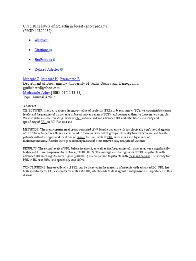 Prolactin Levels in Breast Cancer Patients | PDF
