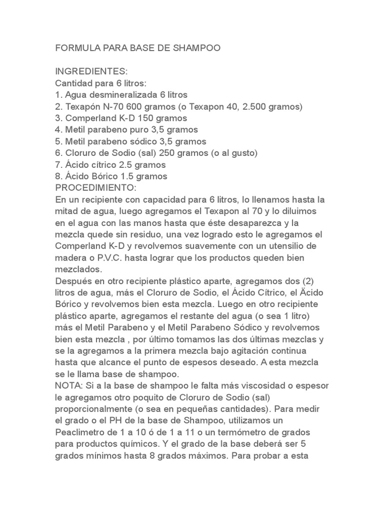 Formula Para Base de Shampoo Soap Chemical Compounds
