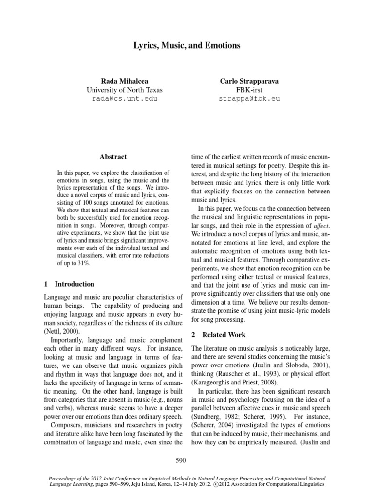 Emotion Analysis in Song Lyrics | PDF | Language Arts & Discipline