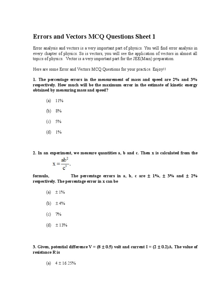 Errors and Vectors MCQ Questions Sheet 2 | PDF