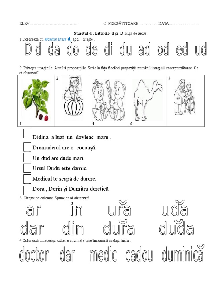 Sunetul Si Litera D Mic De Tipar