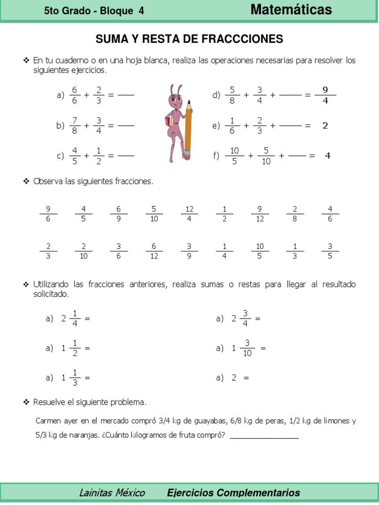 Ejercicios De Matematicas Para Quinto Grado De Fracciones Pdf