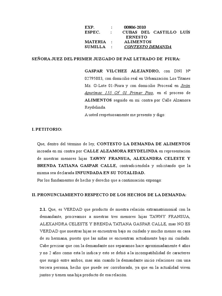 CONTESTACION DE DEMANDA DE ALIMENTOS | Demanda judicial | Virtud | Free ...