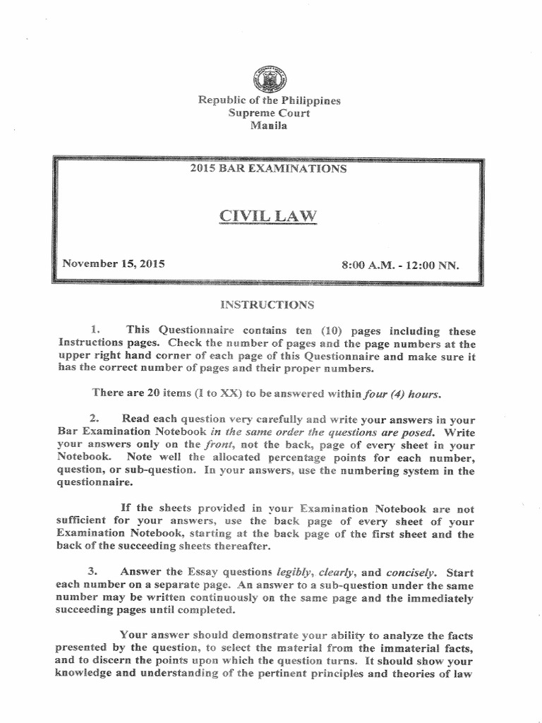 2015 Civil Law Bar Exam PDF