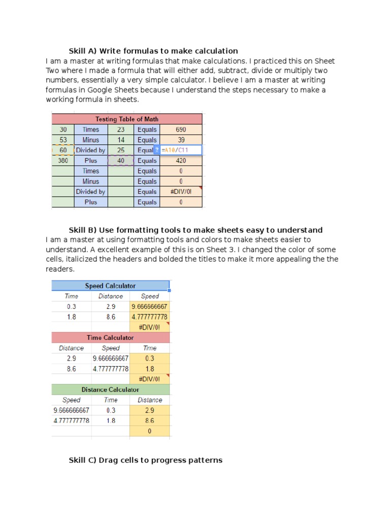Spreadsheet Learning Reflection PDF Formula Equations