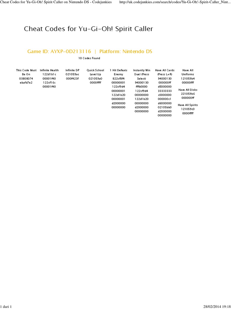 Yu-Gi-Oh! Spirit Caller Cheat Codes | PDF