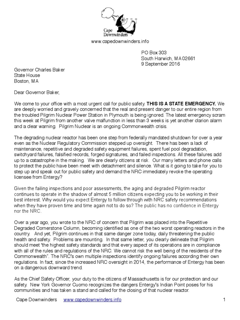 Cape Downwinders' Letter To Gov. Charlie Baker | PDF | Nuclear ...