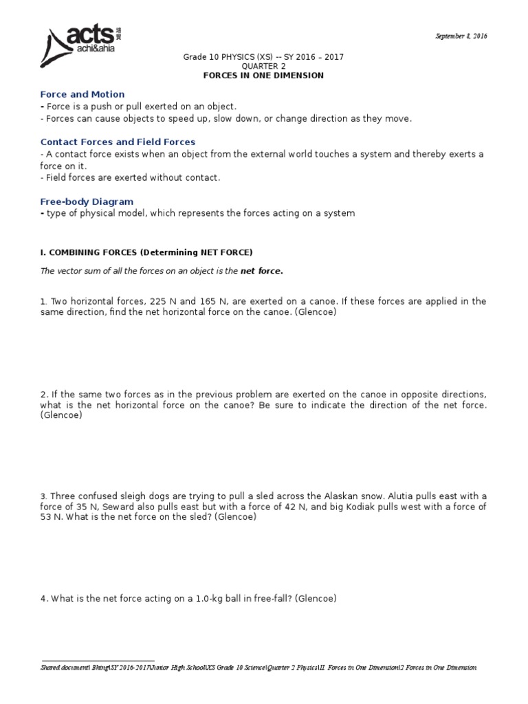 Worksheets Net Forces Worksheet 2 forces in one dimension worksheet acceleration force