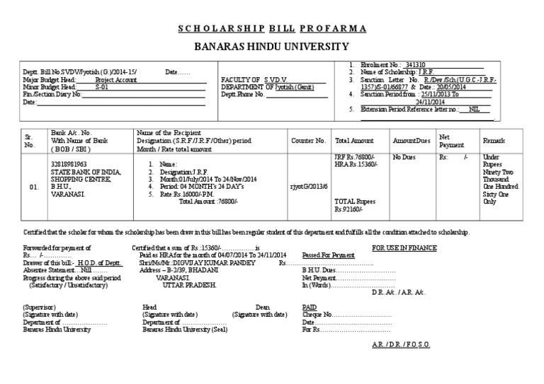 BHU JRF Scholarship Payment Bill | PDF