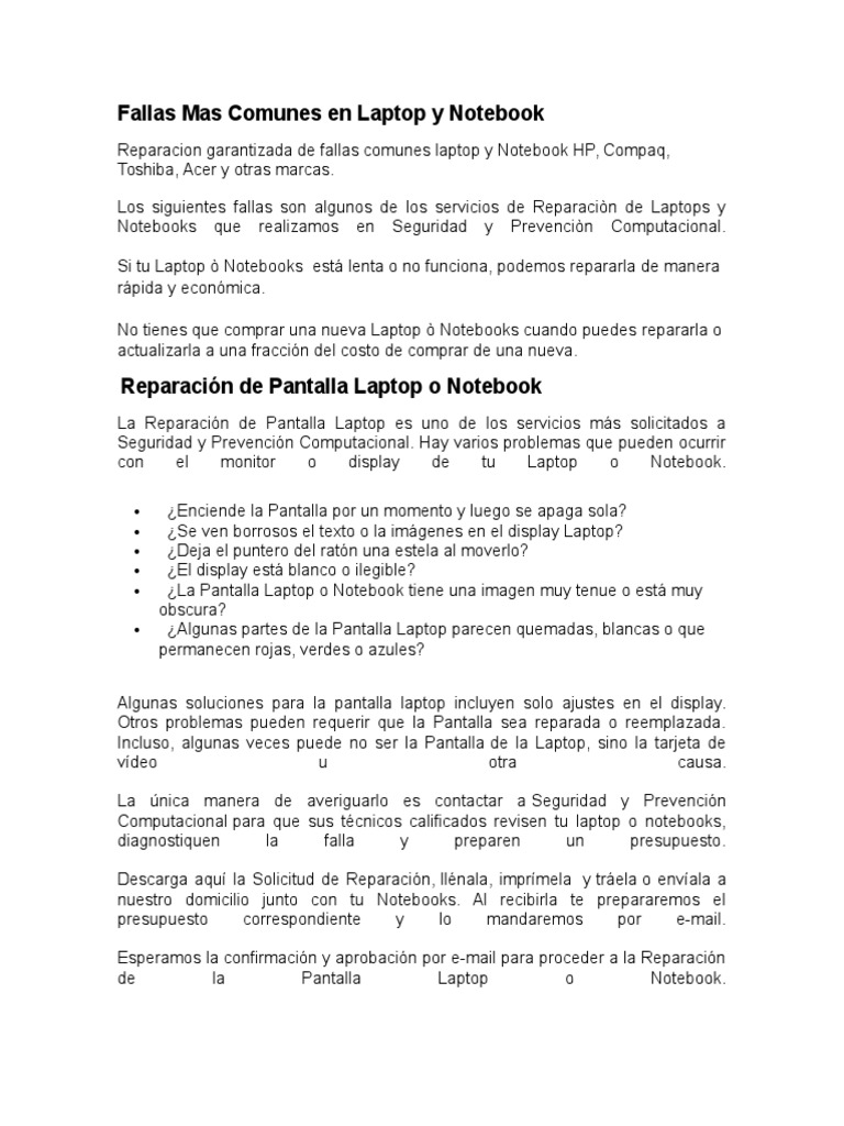 Fallas Mas Comunes En Laptop Y Notebook Pdf Ordenador Portátil
