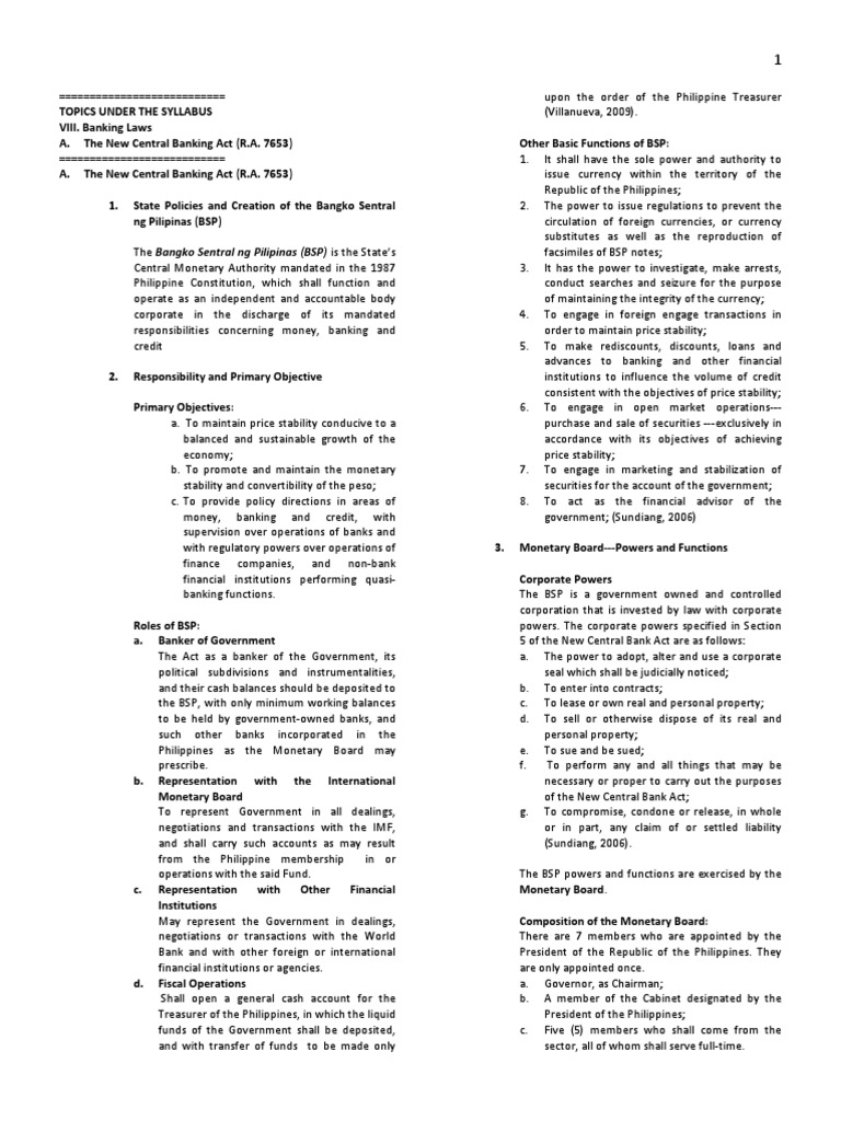 New Central Bank Act Reviewer Receivership Liquidation