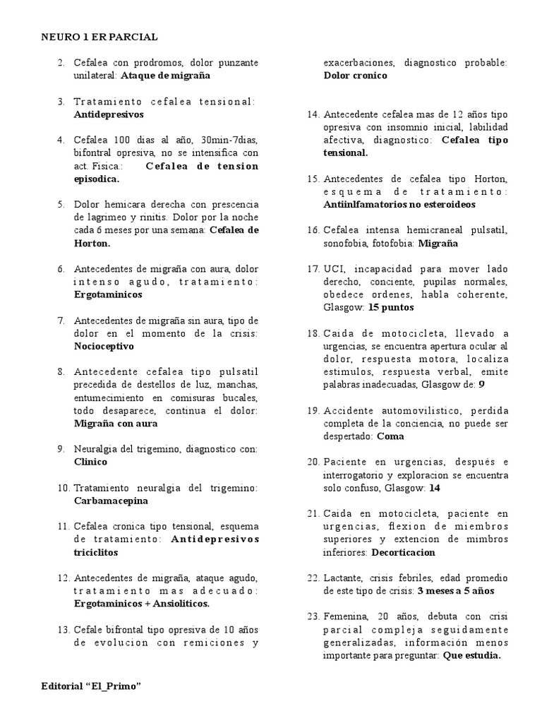 Neuro 1 Parcial | PDF | Migraña | Desórdenes neurológicos