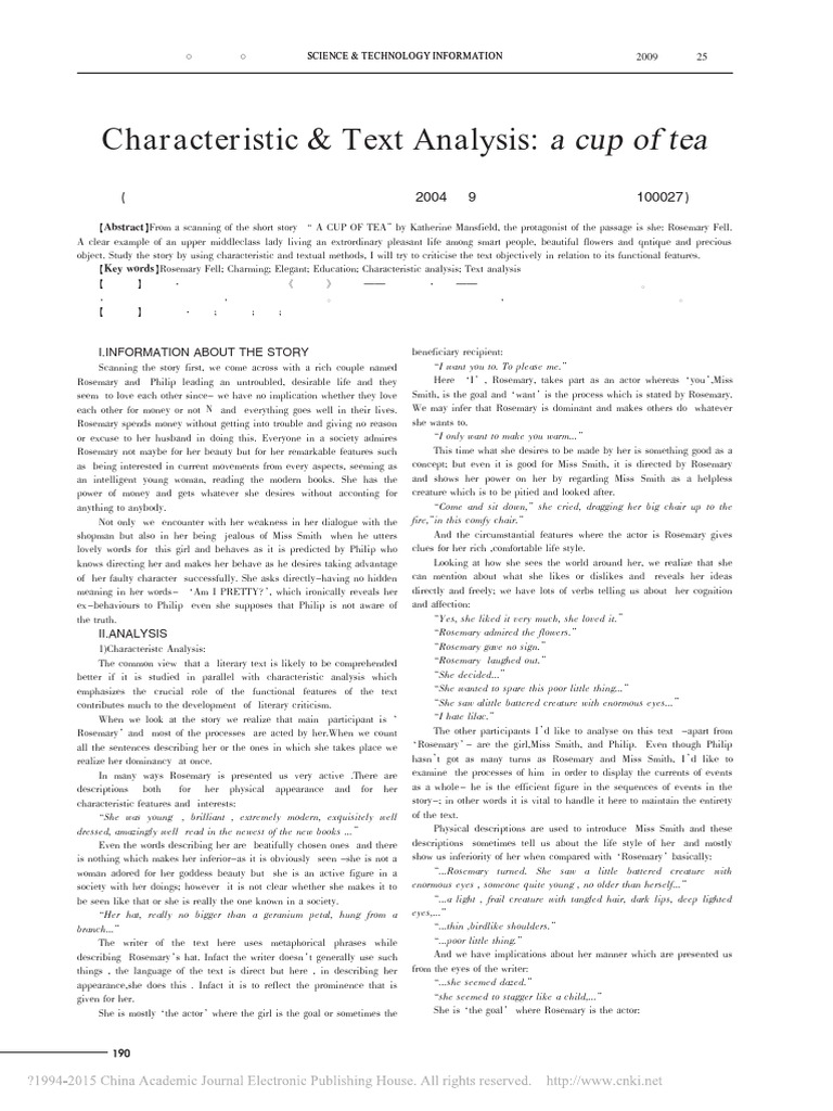 Characteristic Text Analysis Of A Cup Of Tea 李健 Pdf Narrative Irony