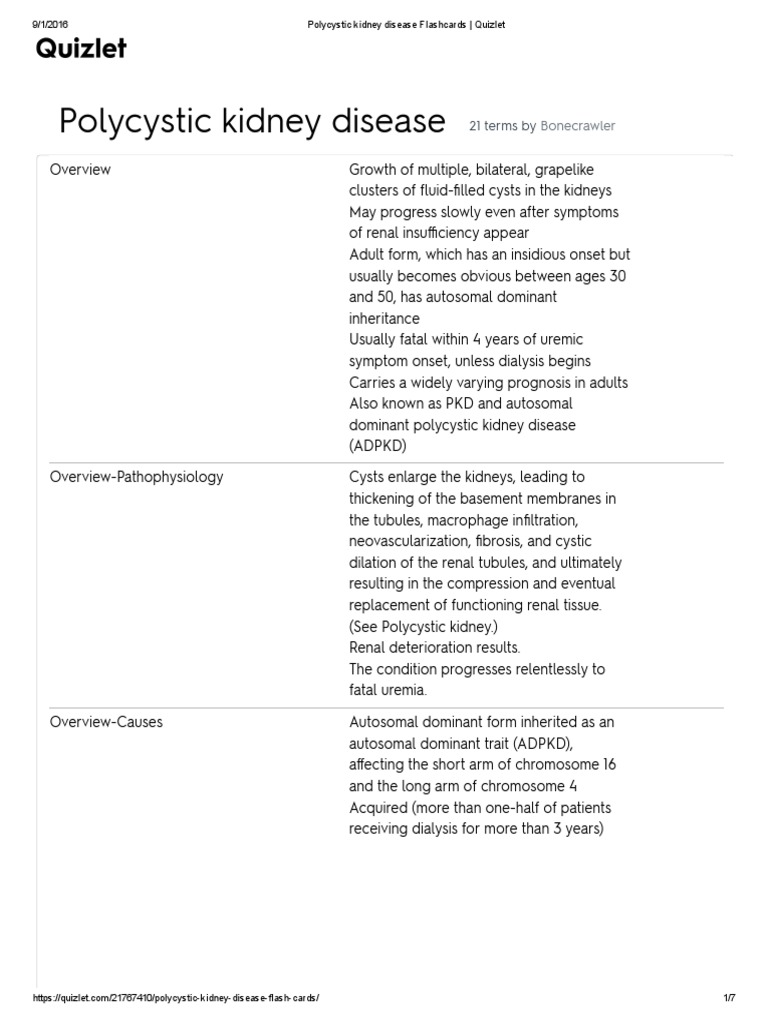 Polycystic Kidney Disease Flashcards Quizlet PDF Kidney Dialysis