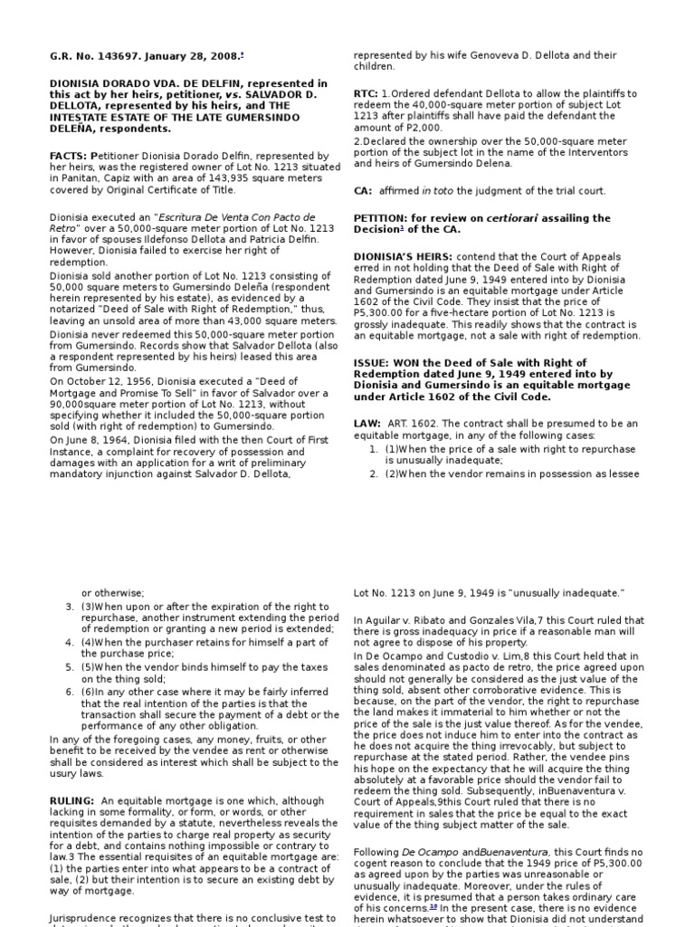 Supreme Court Case Analyzes Sale with Right of Redemption PDF