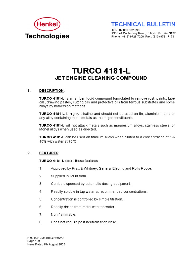 TURCO 4181-L Jet Engine Cleaner Guide | PDF | Alloy | Metals