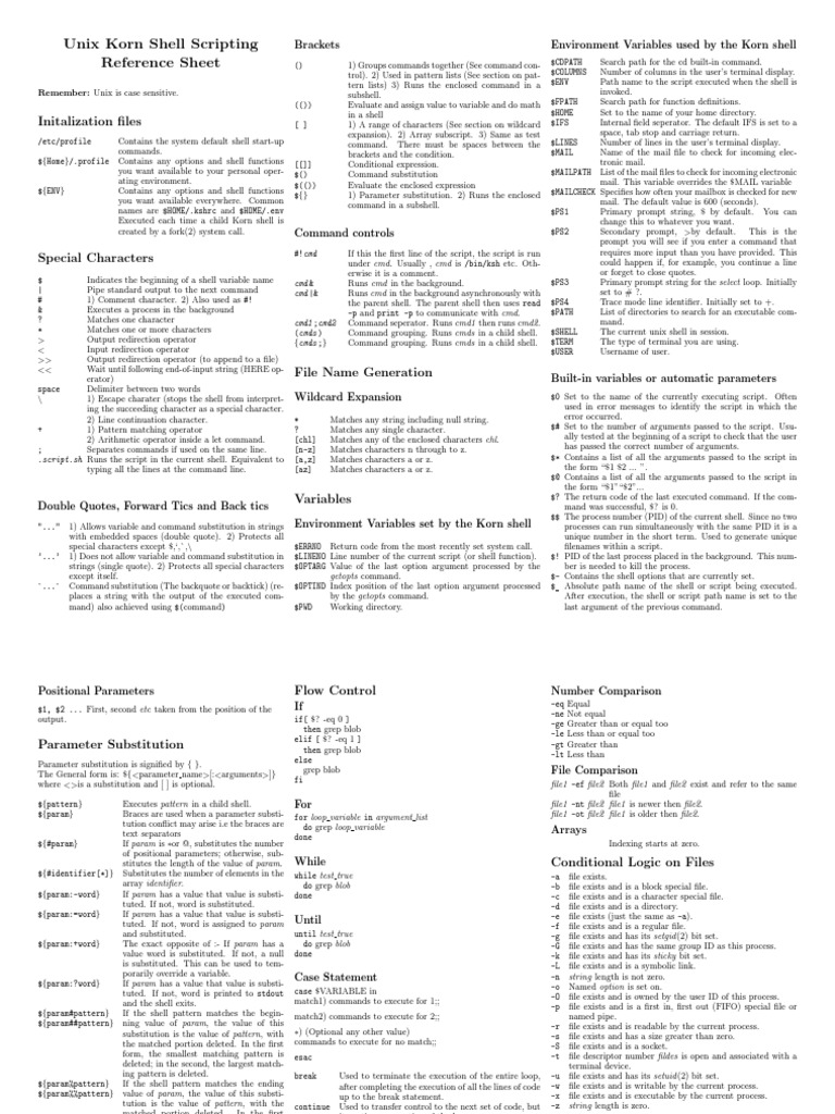 Unix Korn Shell Scripting Reference Sheet: Initalization Files | PDF ...