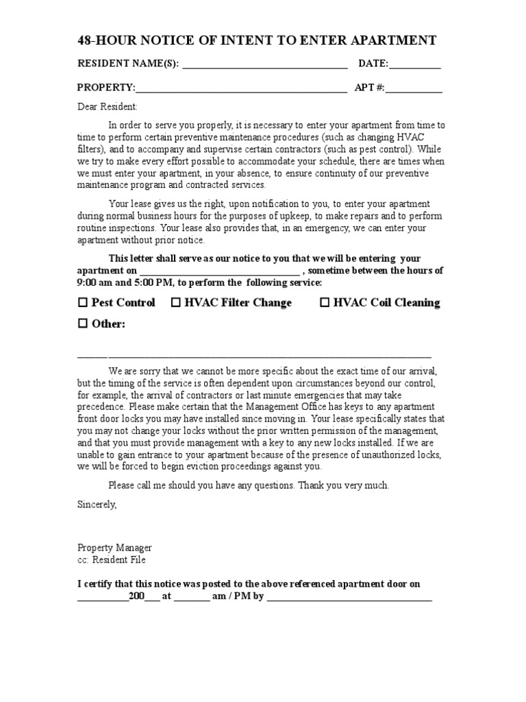 48-Hour Apartment Entry Notice Template | PDF | Finance & Money Management