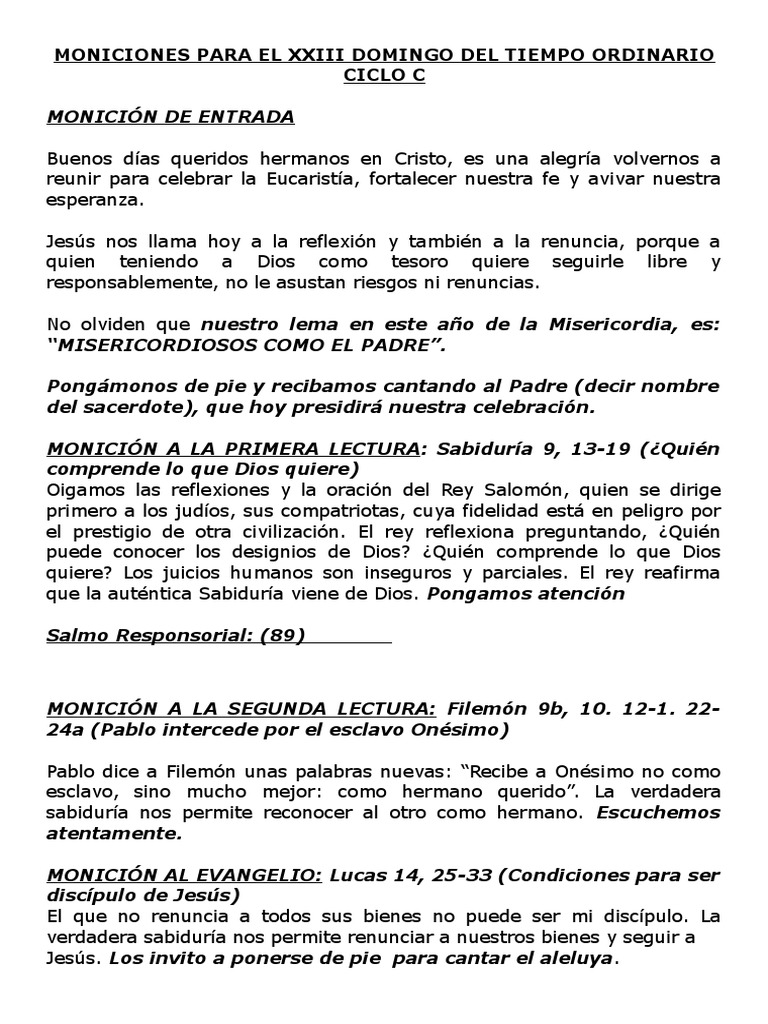 Moniciones Para El Xxiii Domingo Del Tiempo Ordinario Ciclo c