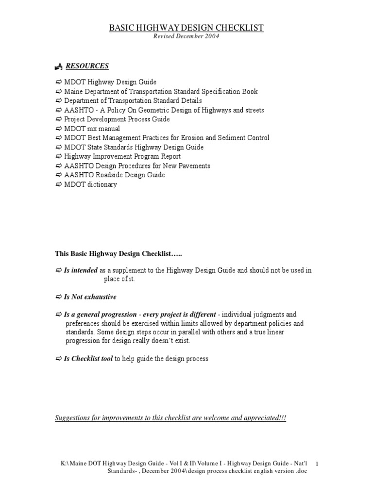Basic Highway Design Checklist Guide | PDF | Road | Traffic