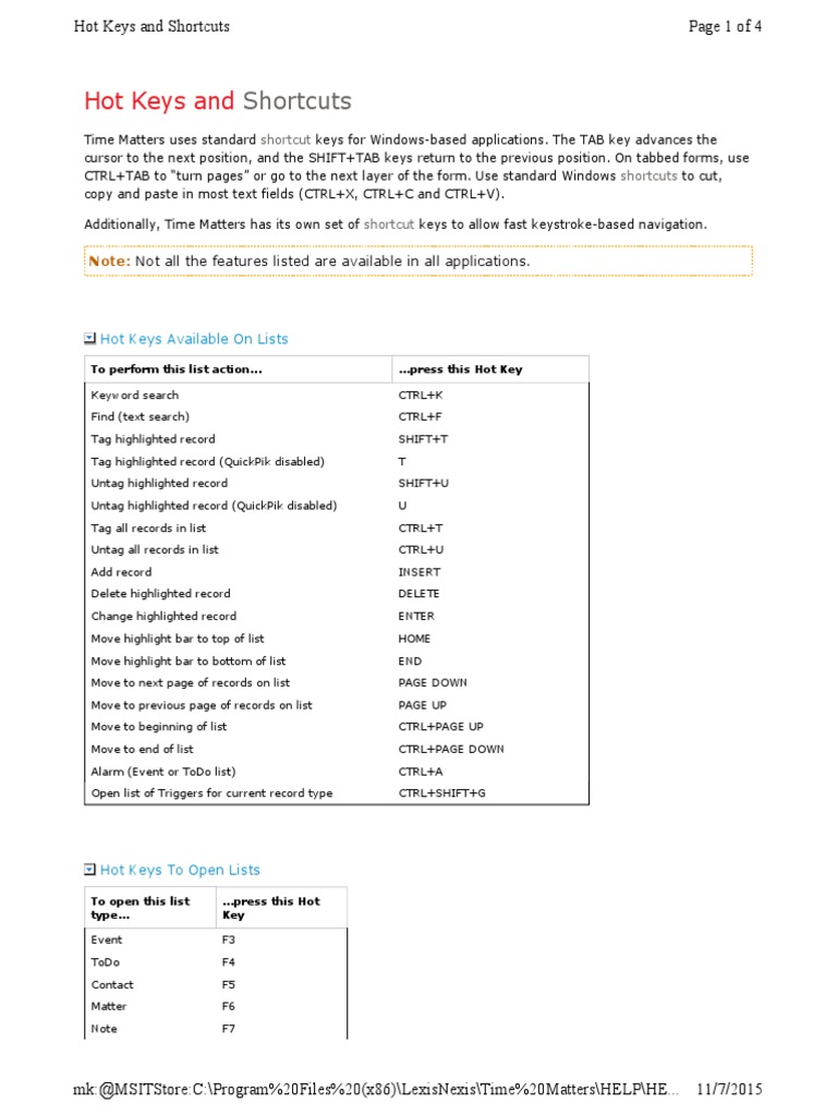 Handy Time Matters Keyboard Shortcuts List | PDF | Keyboard Shortcut ...