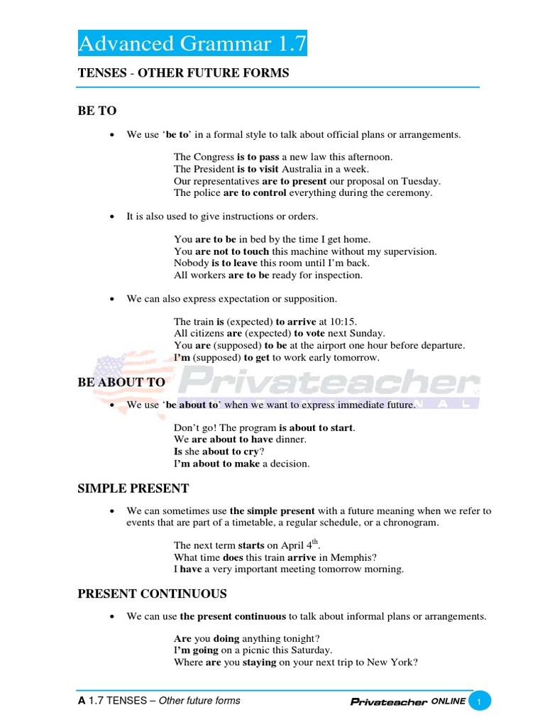 Advanced Grammar 1.7: Tenses - Other Future Forms | PDF