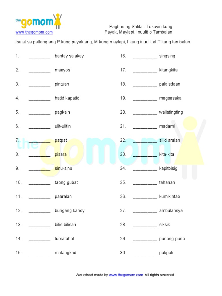 Pagbuo NG Salita Tukuyin Kung Payak Maylapi Inuulit o Tambalan PDF | PDF