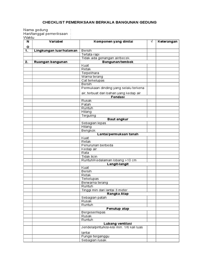 Checklist Pemeriksaan Bangunan Gedung | PDF | Griya & Taman | Teknologi ...
