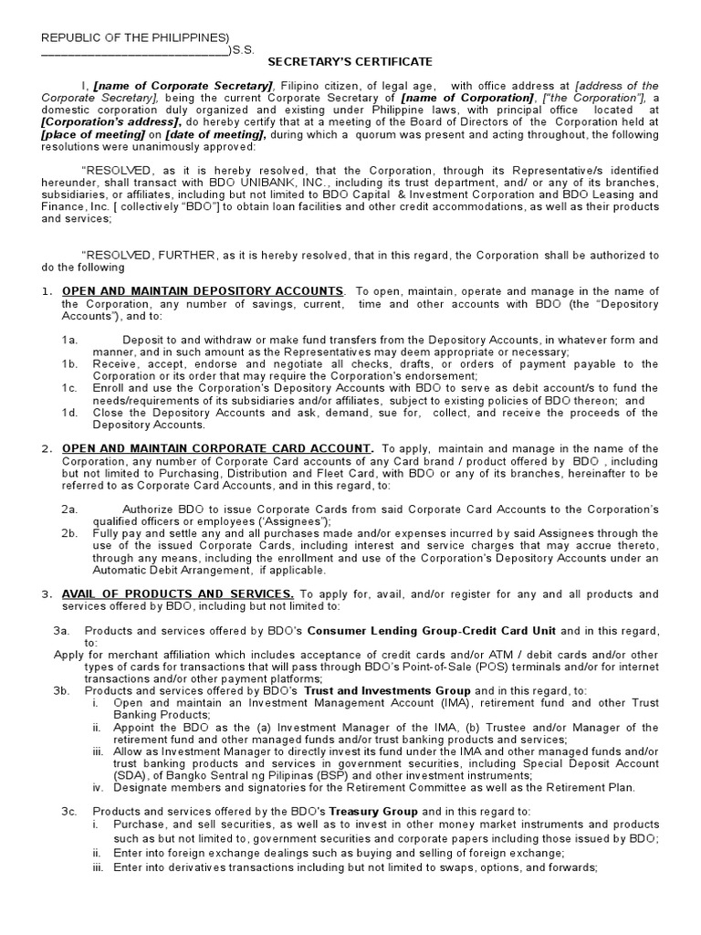BDO Secretary's Certificate Template | PDF | Securities (Finance) | Bdo ...