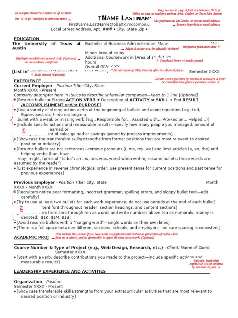 McCombs BBA Resume Template Guide | PDF | Résumé | Business