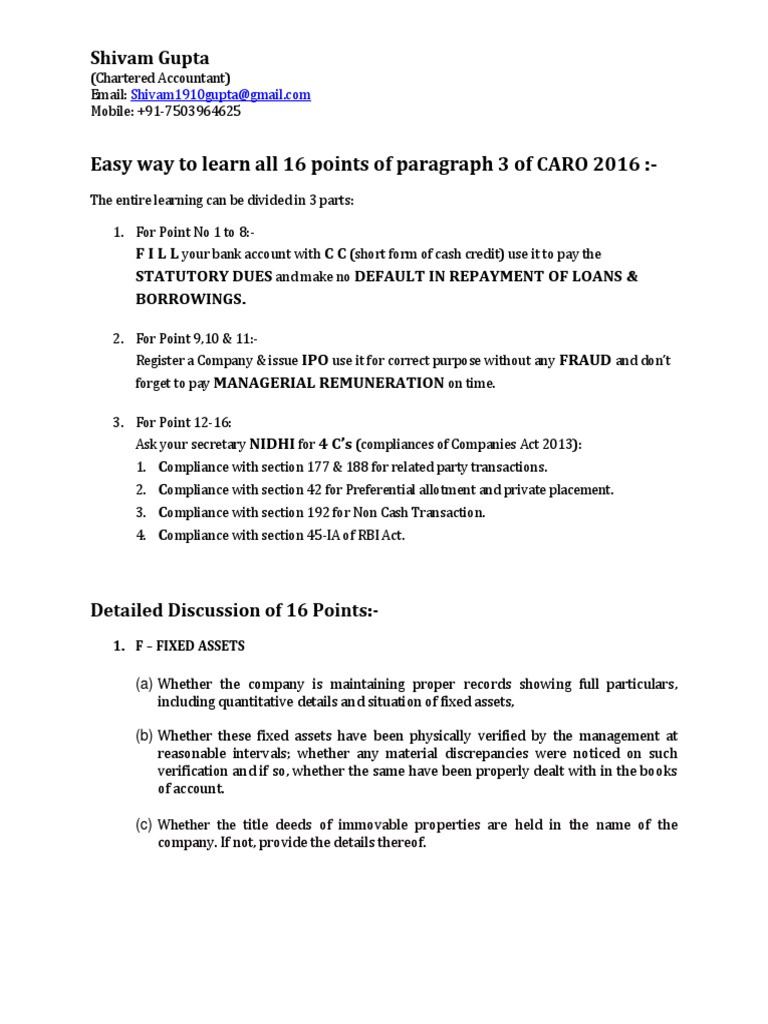 Easy Way To Learn All 16 Points of Paragraph 3 of CARO 2016 | PDF ...