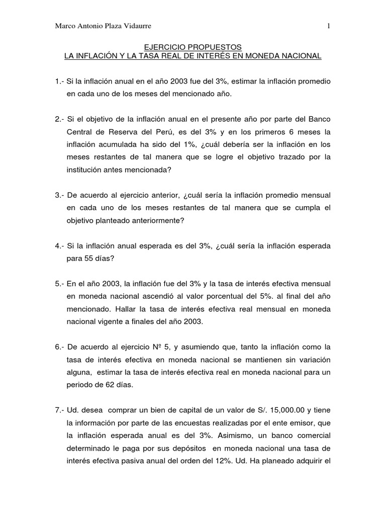 Ejercicios sobre Inflación y Tasa de Interés | PDF | Inflación | Tasas ...