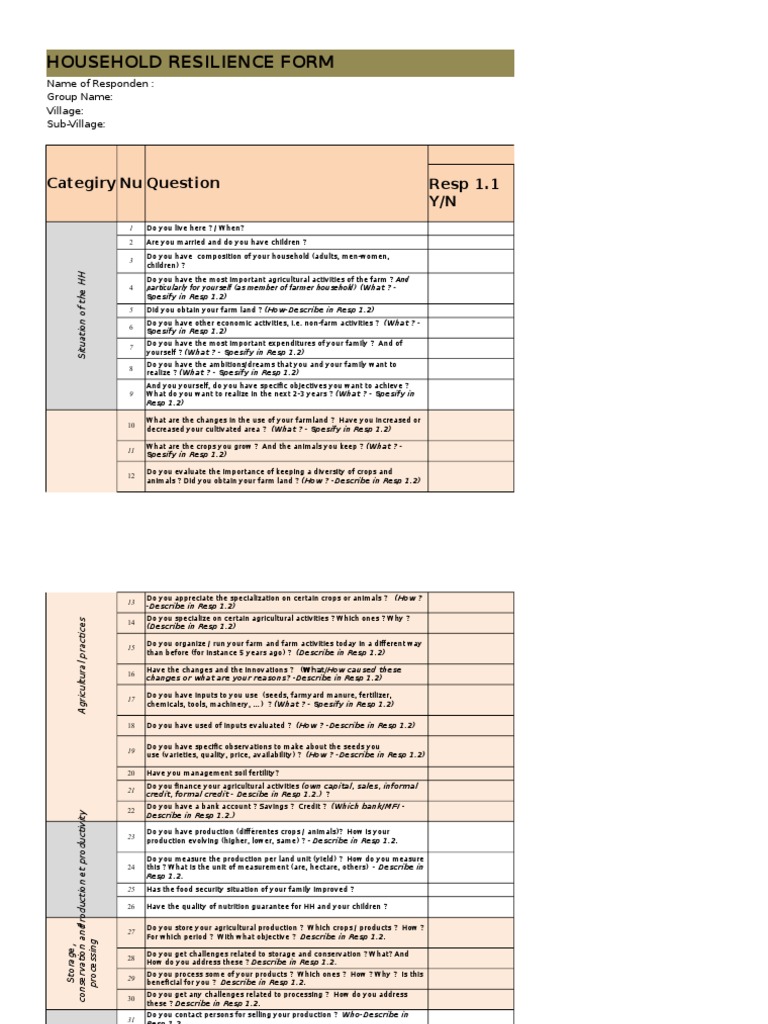 Household Resilience Assessment Form | PDF | Farms | Agriculture