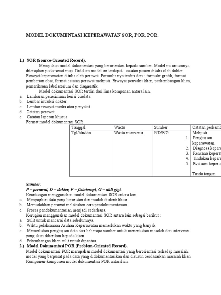 Model Dokumentasi Keperawatan Sor Model Dokumentasi Keperawatan Sor