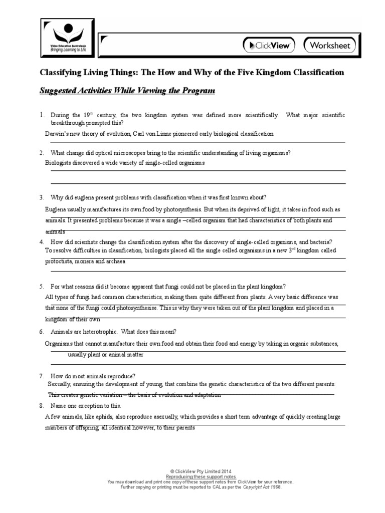 worksheet Classification Of Life Worksheet Answers classifying living things clickview video autosaved doc organisms biology