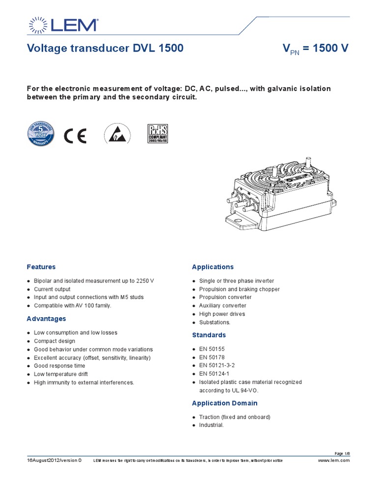 Voltage Transducer DVL 1500 Technical Specifications and Performance