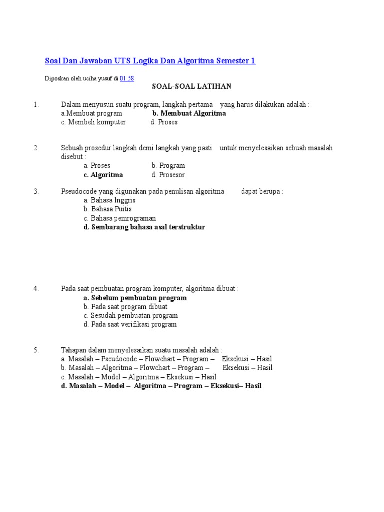 Soal Dan Jawaban Uts Logika Dan Algoritma Semester 1