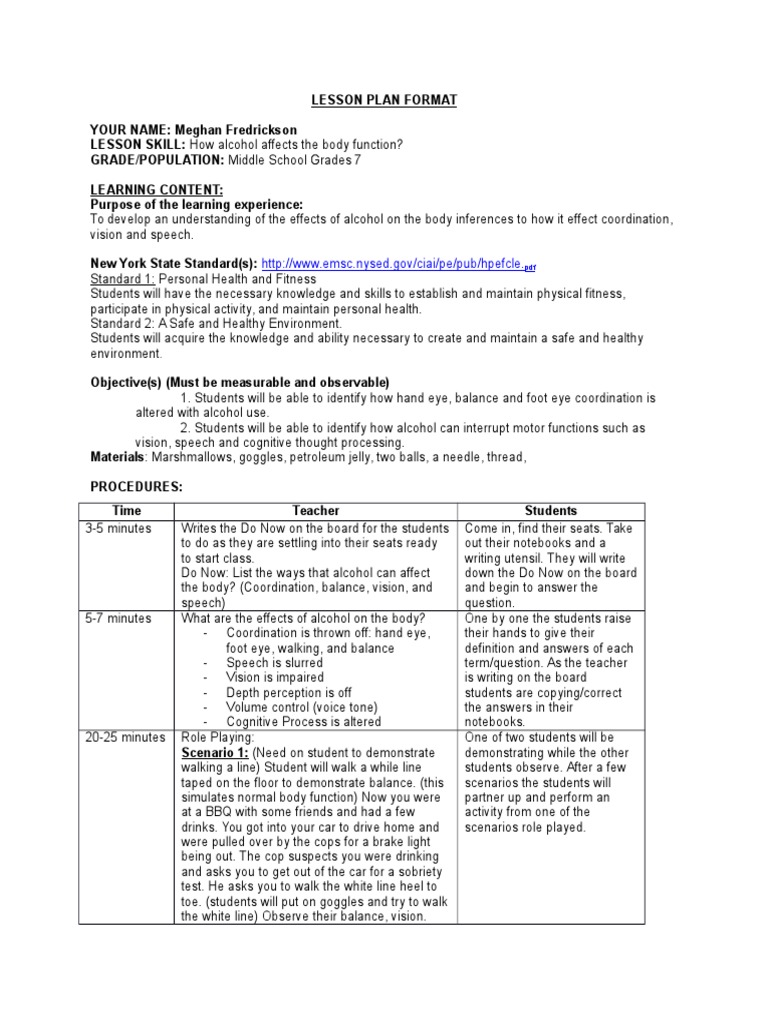 Health Observation Lesson Plan On Alcohol PDF Lesson Plan Balance