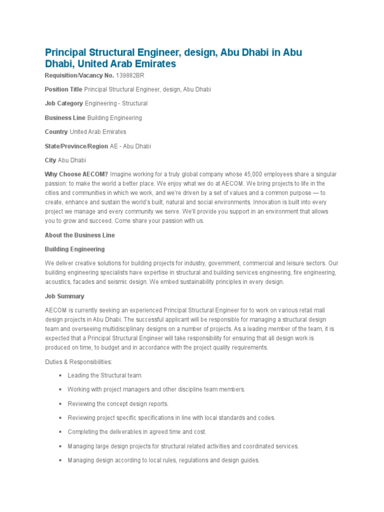 VacancyPrincipal Structural Engineer PDF Building Information