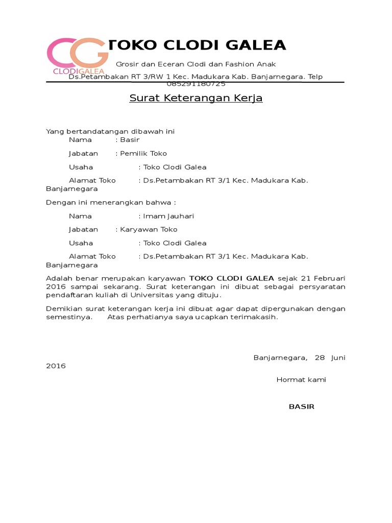 Surat Keterangan Kerja