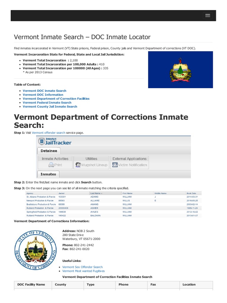 Vermont Inmate Search Department of Corrections Lookup County (United