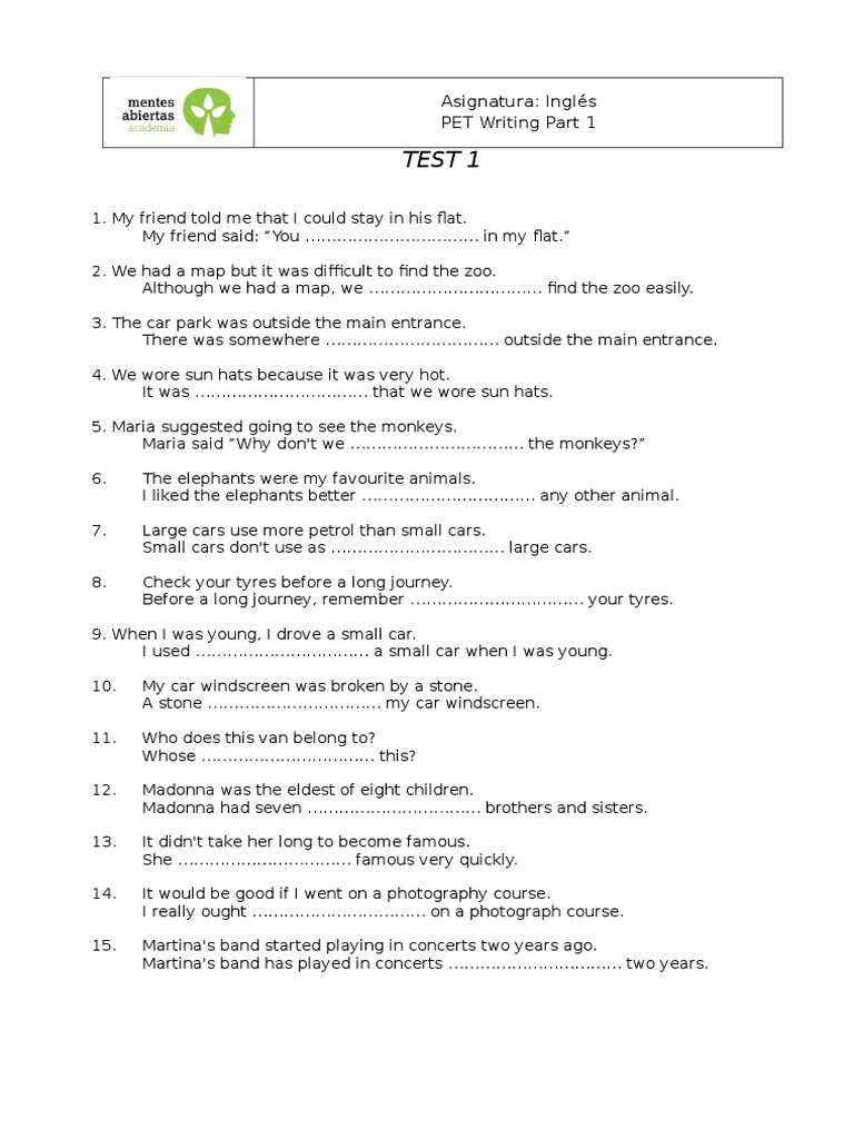 PET Writing Part 1 - A | PDF | Leisure