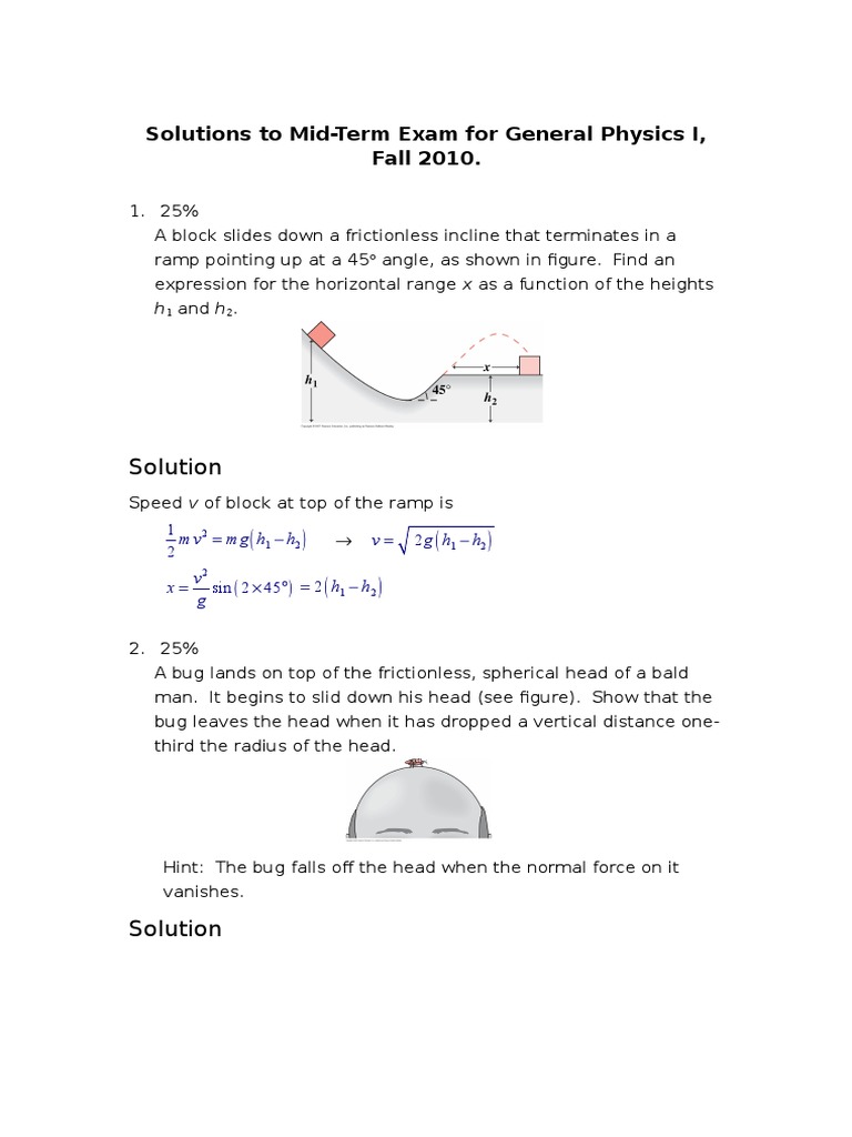 Physics I Mid-Term Exam Solutions | PDF