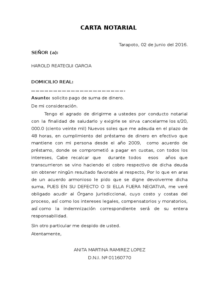 Carta Notarial Por Deuda Anita